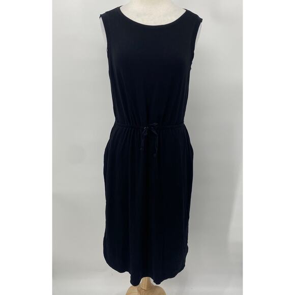 Eileen Fisher Midi Dress Jersey Knit Stretchy Sleeveless Cinched Waist Black M - Picture 3 of 9